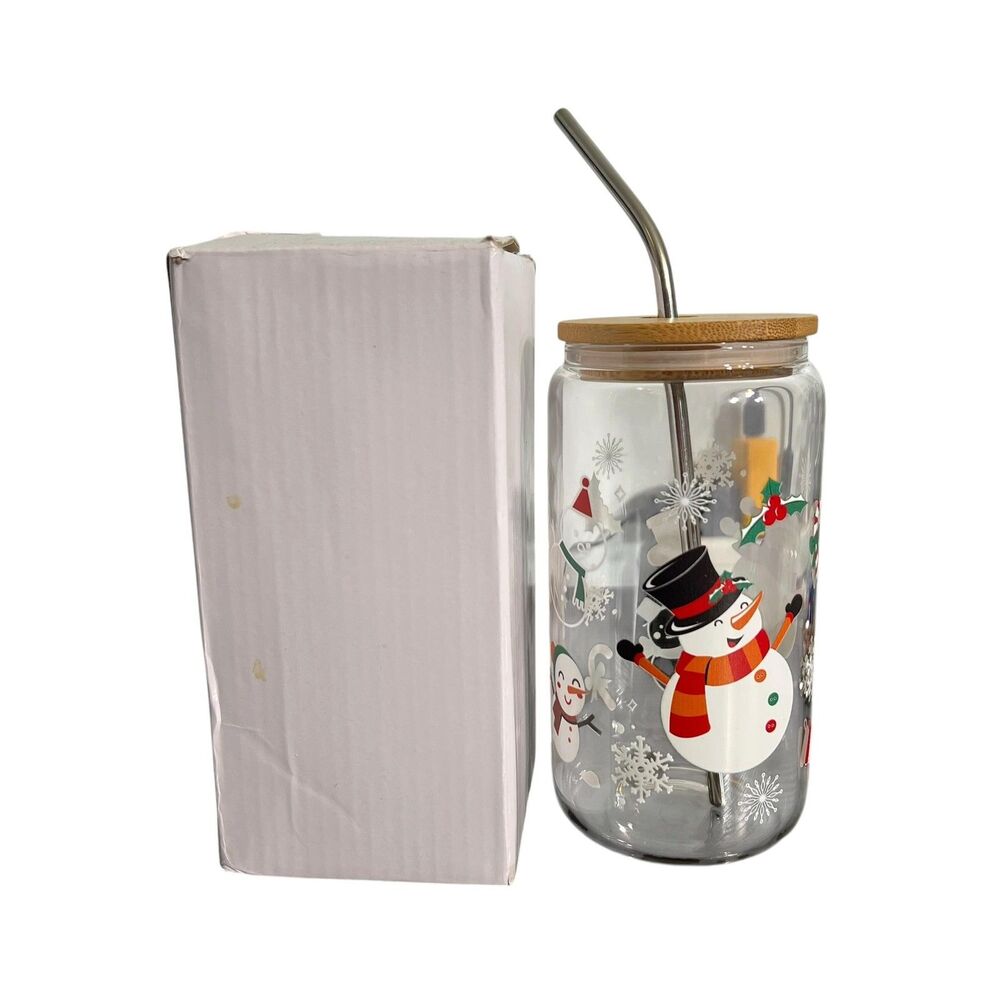 Christmas Snowman Glass Tumbler Bamboo Lid Stainless Straw Holiday Drink Cup